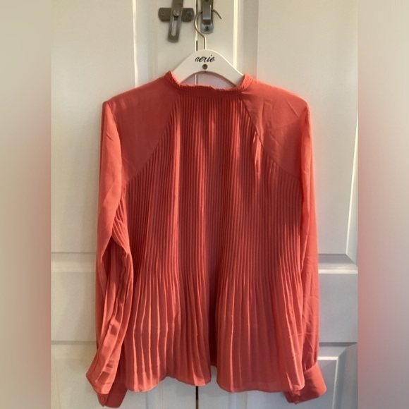Halogen Pleated flowy long sleeve BLOUSE coral pink high neck top M - Picture 2 of 16
